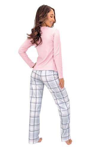 Donna Dani Long pigiama donna in cotone rosa, maglia a coste, pantaloni a quadri