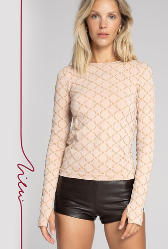 Camicetta da donna Zień 43154 Monogramma senza cuciture Gatta cipria senza cuciture premium con monogramma Zień e maniche allungate