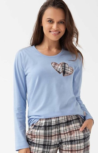 322 Luna blu - pigiama donna in cotone, cuori, manica lunga, pantaloni a quadri