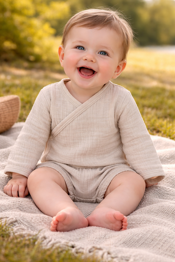 Body in mussola Just Muslin 03235BE Makoma beige- manica lunga, chiusura a busta, 100% cotone