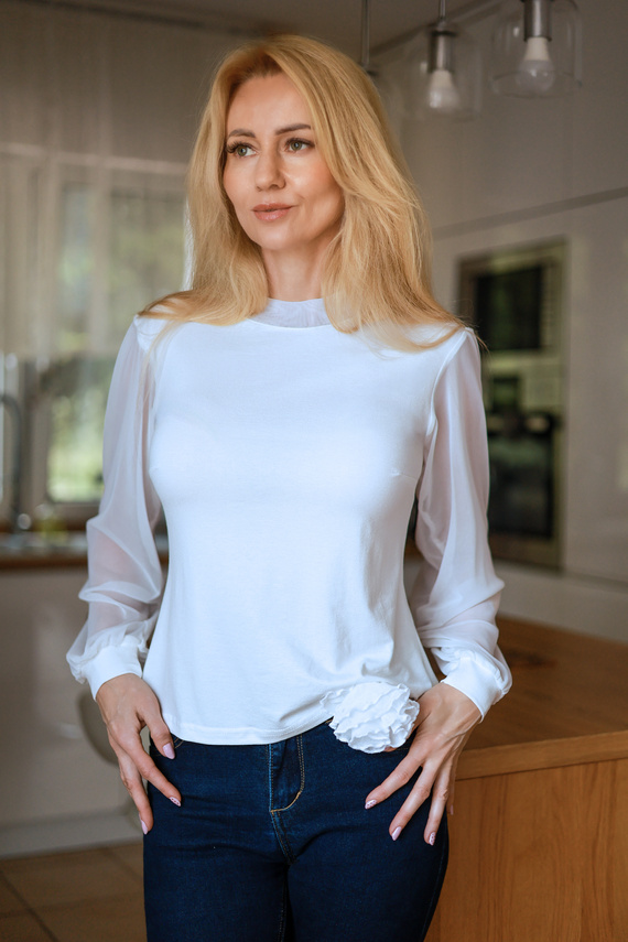 Mirale Freya Blusa Donna in Viscosa con Maniche in Tulle e Collo Alto Elegante - ecru