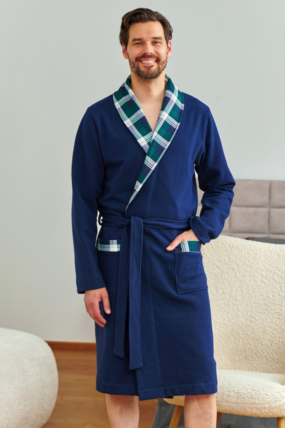 7366 Doctor Nap | Accappatoio premium da uomo blu navy con finiture a quadri - 100% cotone - blu navy