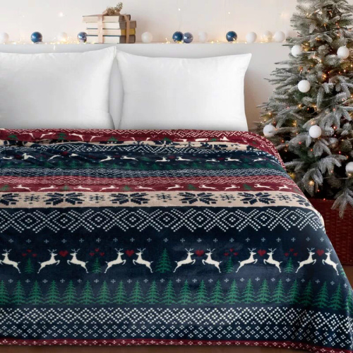 Coperta natalizia Eurofirany blu navy rosso con motivi scandinavi - morbido copriletto in microfibra, 240 g/m²