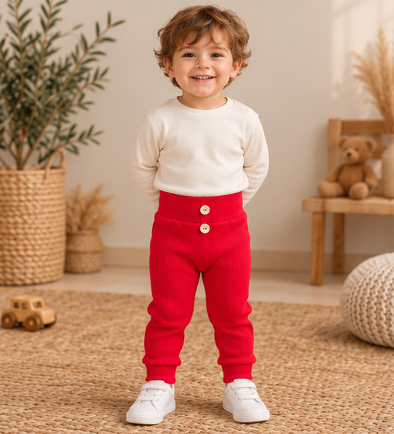 Leggings da bambino LC015 rossi in cotone a coste con bottoni in legno