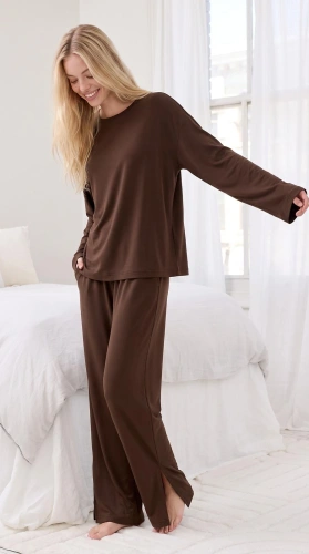 Pigiama donna Luna 1312 100% cotone oversize pantaloni larghi homewear - marrone