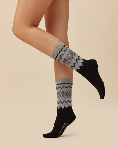 Calze da donna Gabriella SW/070 nero-grigio- inverno, lana e acrilico, calde con motivo