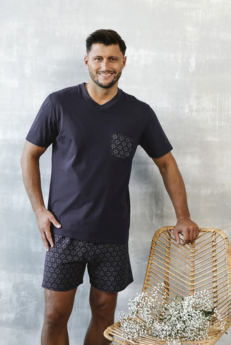 Diaz Pigiama da uomo a maniche corte, pantaloncini Moda italiana - blu navy/stampa