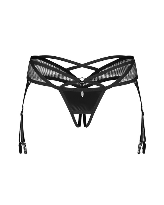 Perizoma Obsessive Dominna Crotchless nero - lucentezza del lattice, cavallo aperto, reggicalze