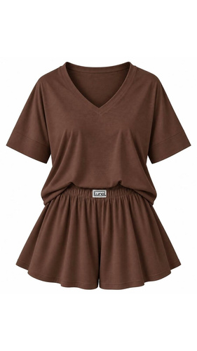 Luna 1313 pigiama donna marrone 100% cotone maglietta e pantaloncini corti