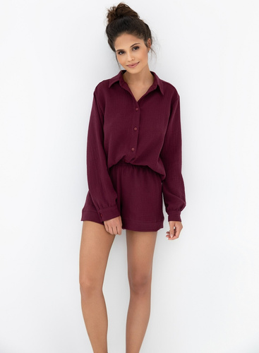 Pigiama donna Avorio Sensis bordeaux- mussola di cotone, manica lunga, abbottonato