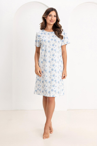 173 Camicia da notte Regina blu - cotone, stampa a cerchi e pois, scollo semicircolare