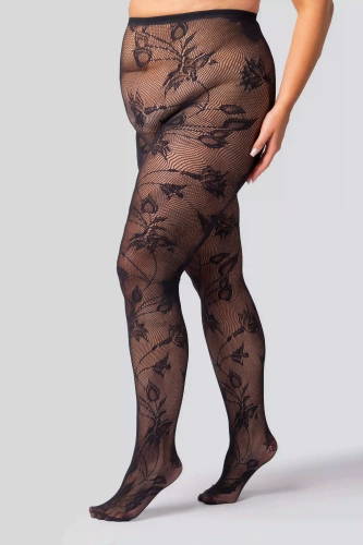 Collant Floral Cabaret Queen Size - nero, elegante, con tassello in cotone