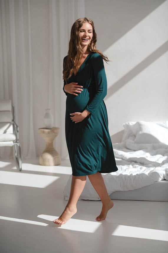 Star Light Camicia da notte in bambù per gravidanza e allattamento 7/8 Milk&Love verde bottiglia - traspirante, per l'ospedale, confortevole per l'allattamento al seno