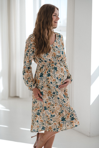 Lovely Dress Midi Milk&Love, abito premaman e da allattamento beige a fiori in lino, taglio elegante con cerniere da allattamento