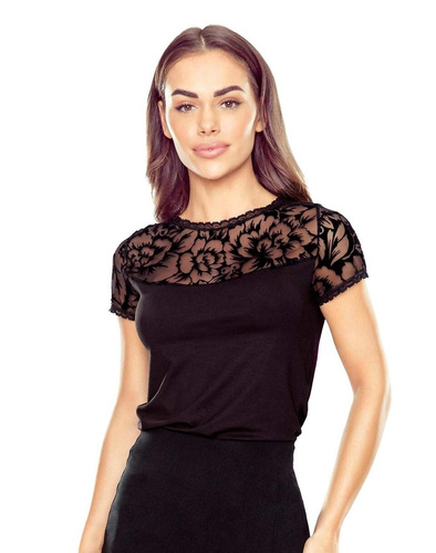 Elegante blusa da donna Toshi Eldar nera | Motivo floccato, viscosa elasticizzata, manica corta | Ideale per ogni occasione