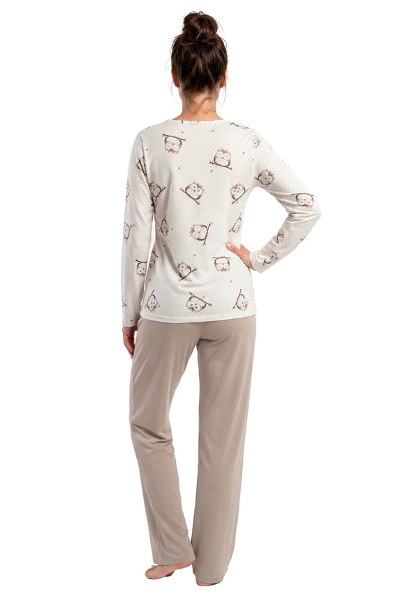 Donna Sova Long pigiama donna beige in cotone con stampa gufi, manica lunga e pantaloni