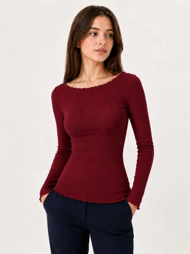 Blusa donna Raily Eldar Active in viscosa a coste, manica lunga, scollo barca, bordeaux