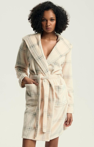 43596 Vestaglia da donna Danna Henderson bianca - con cappuccio, a quadretti