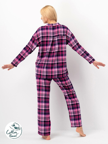 Pigiama da donna Key LNS 490 in flanella di cotone fucsia, manica lunga, bottoni