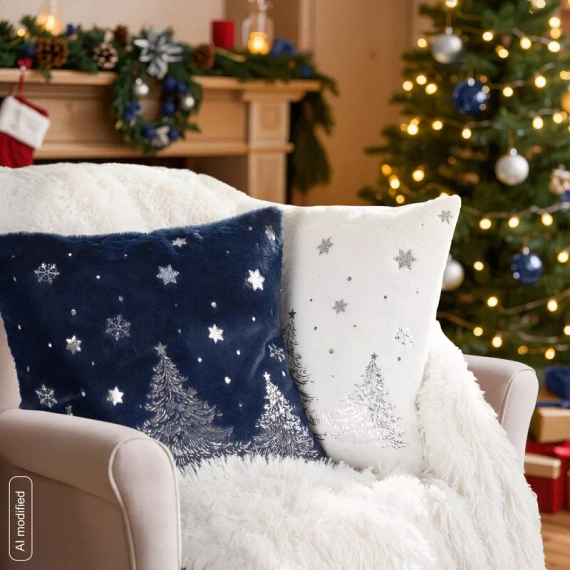 CHP308 Federa natalizia Eurofirany 45x45 con paillettes 3D stelle beige
