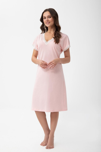 1004 Luna Camicia da Notte Donna in Cotone con Pizzo e Scollo a V