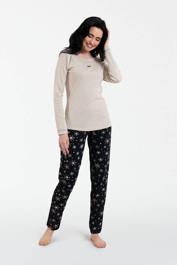 Denali Pigiama donna manica lunga, pantalone lungo Moda Italiana- beige melange/stampa
