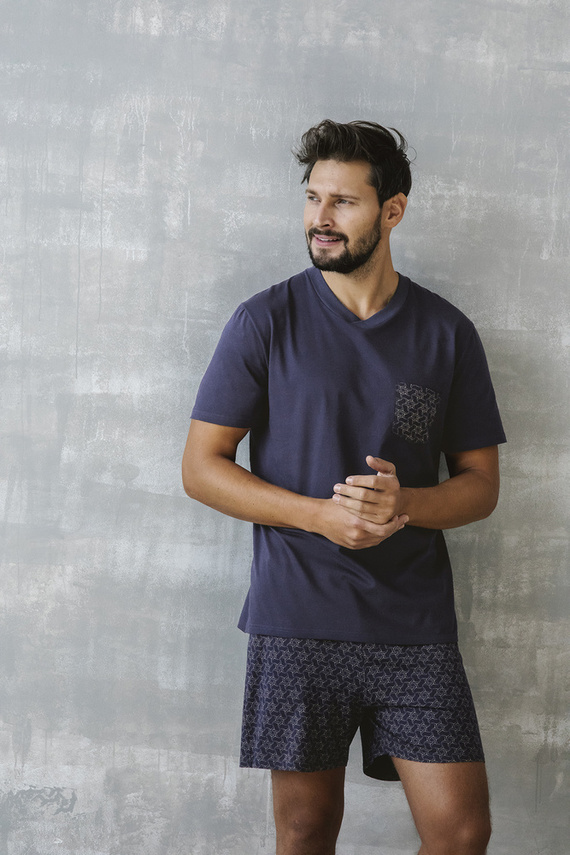 Diaz Pigiama da uomo a maniche corte, pantaloncini Moda italiana - blu navy/stampa