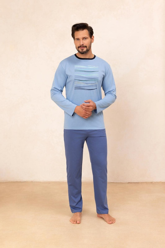 Regina 492 blu - pigiama da uomo in cotone a maniche lunghe, taglio classico