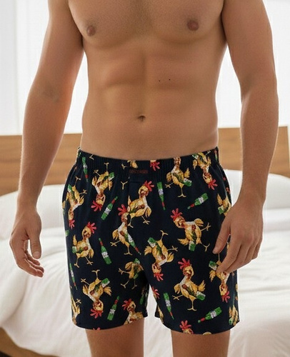 Boxer da uomo Cornette 001/186, 011/186 Classic Chicken - blu navy, 100% cotone, vestibilità ampia, motivo a galletto, apertura con bottoni, ultra confortevole
