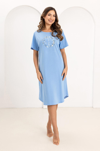 Camicia da notte Regina 176, cotone, manica corta, mezzo girocollo, stampa - blu