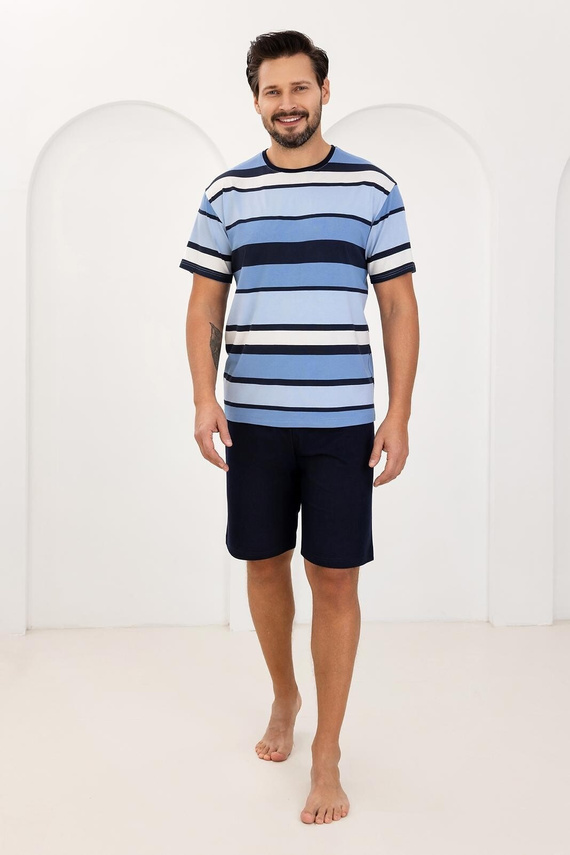 Pigiama da uomo 501 Regina blu - 100% cotone, righe eleganti, manica corta + pantaloncini, perfetto per l'estate
