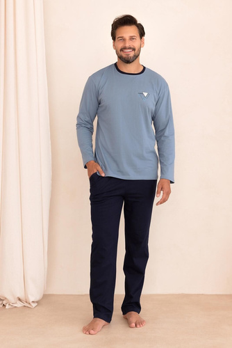 Pigiama uomo Regina 6009 100% cotone manica lunga pantaloni lunghi comfort blu