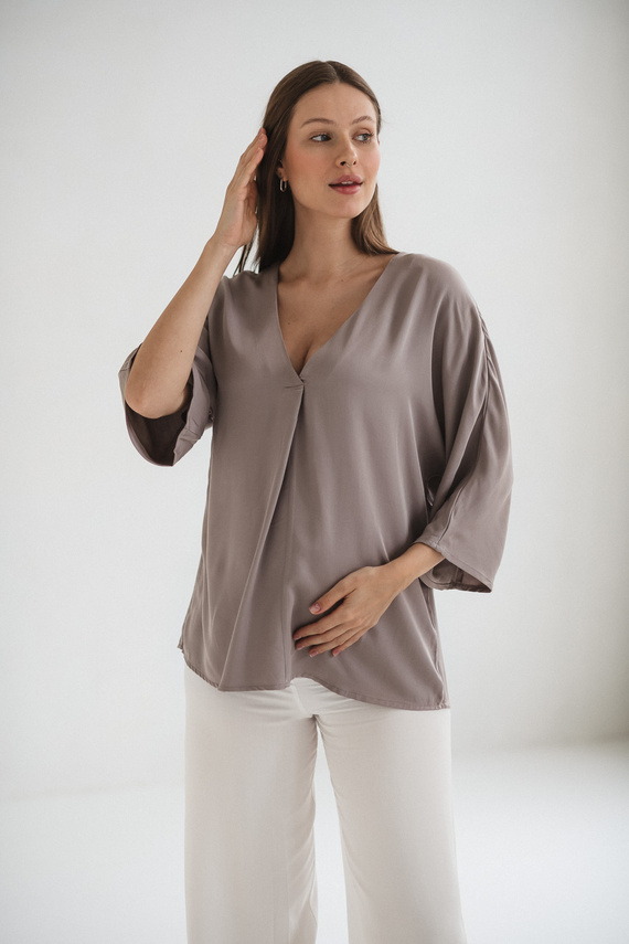 Mamafullness Camicetta da gravidanza per allattamento Milk&Love beige - viscosa, manica 3/4, oversize