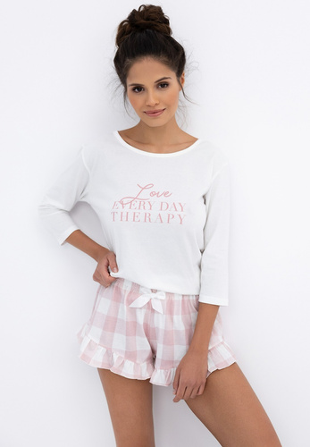 Emily Sensis - Pigiama da donna in cotone | camicia a 3/4 e pantaloncini a quadri con volant