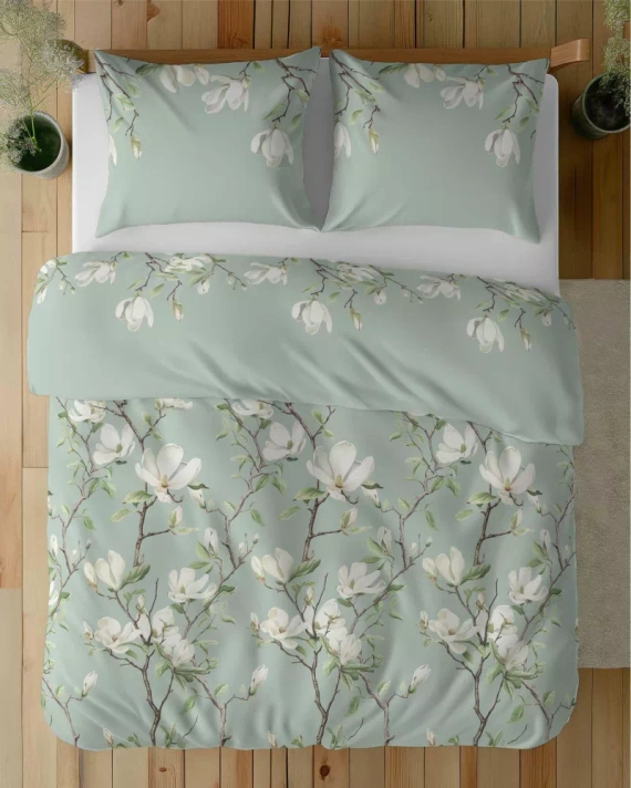 5497 B Biancheria da letto in cotone menta con fiori di magnolia bianchi Naturalis- Detexpol