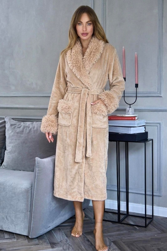 L&L Hana 2647 lungo accappatoio donna in peluche con pelliccia al polpaccio candy