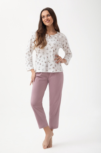317 Pigiama da donna Luna ecru - cotone, manica lunga, comfort classico