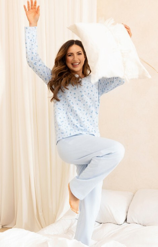 717 Pigiama da donna Regina blu - caldo cotone, manica lunga, fiori