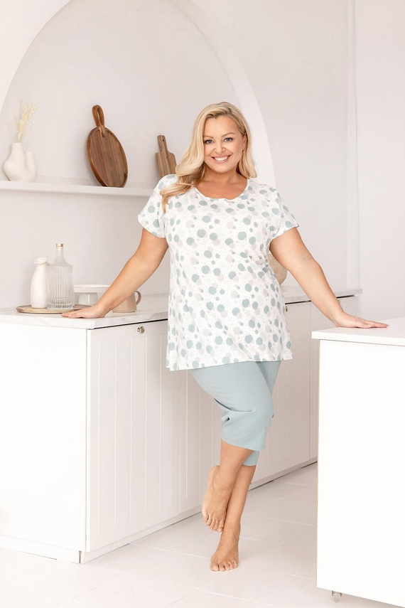 Pigiama donna in cotone Regina 730 verde- Camicia a cerchi colorati, manica corta, pantaloni a 3/4, 100% cotone, comfort estivo