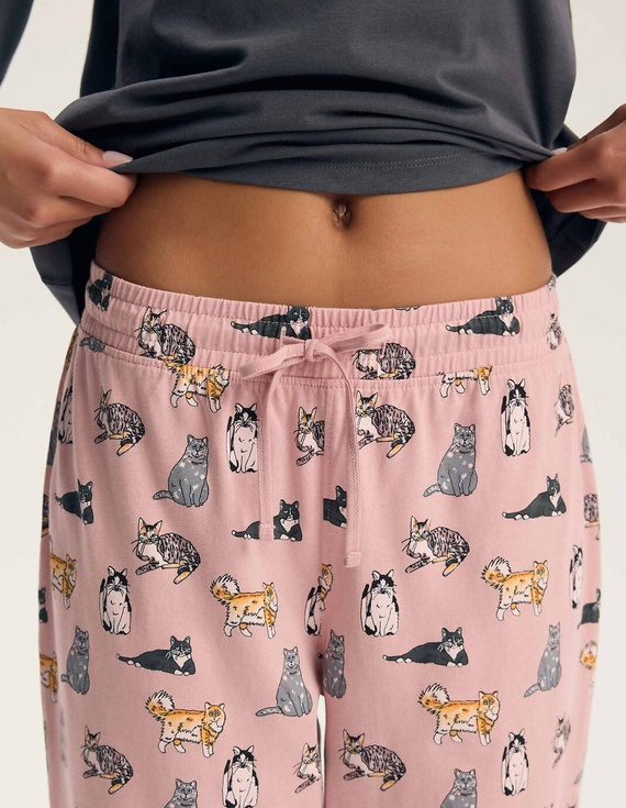 Pigiama da donna Henderson Ginni 45419 100% cotone manica lunga gatti grigia