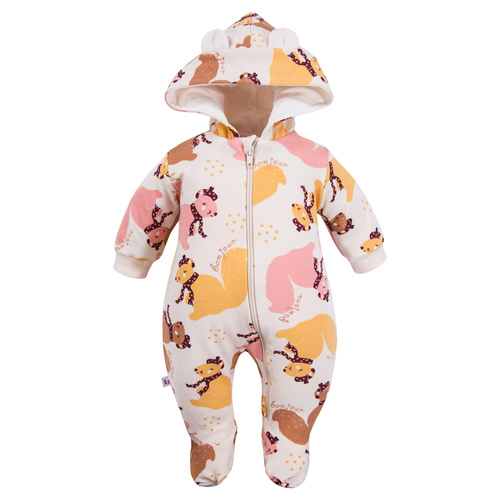 Tuta da ginnastica Fluffy Tails Eevi per bambini - ecru, con piedi e cappuccio, stampa autunnale