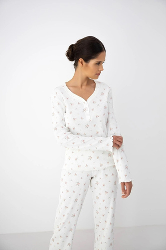 Pigiama donna Sensis Vida ecru in cotone con fiori, manica lunga e pantaloni