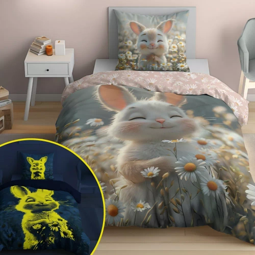 5548 A Fluo 95 Biancheria da letto coniglietto fosforescente a fiori 100% cotone | Per bambini Detexpol
