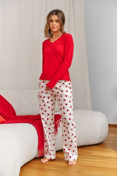 Pigiama donna Doctor Nap Amour, maglia rossa + pantaloni in flanella, 100% cotone