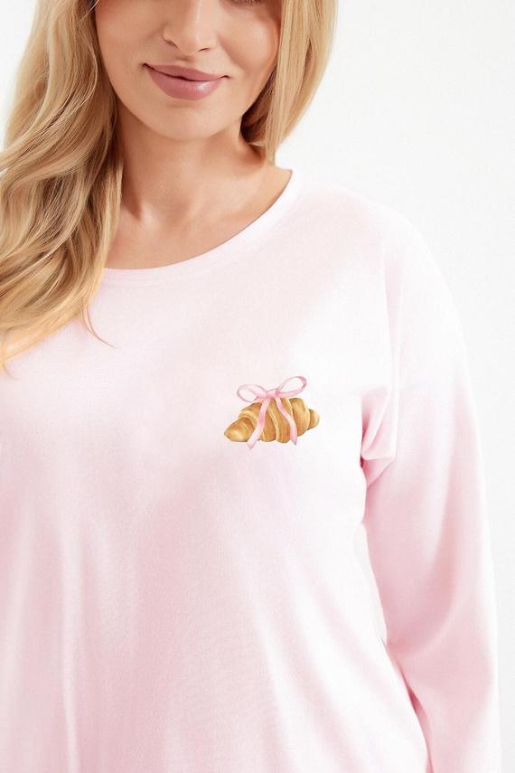 Pigiama donna Taro Tori 3510 in cotone rosa, stampa croissant, lungo con gambe 7/8