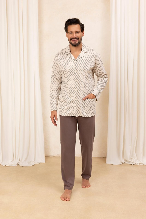 Pigiama uomo in cotone Regina 486 beige - manica lunga, abbottonato, taglio classico