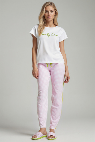 Dana Pigiama donna rosa sorbetto - 100% cotone, manica corta, pantaloni a quadri, set