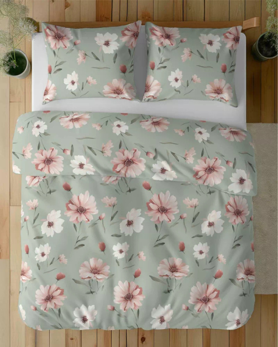 5502 B Biancheria da letto in cotone menta con fiori crema e rosa Naturalis- Detexpol