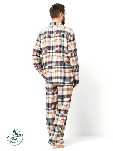 Pigiama da uomo Key MNS 443 marrone - flanella di cotone, manica lunga, abbottonato