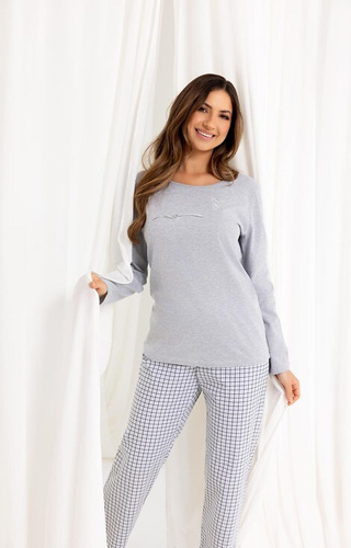714 Pigiama da donna grigio Regina - cotone, manica lunga, pantaloni a quadri
